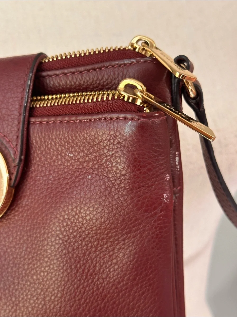 Michael Kors Merlot Pebbled Leather Crossbody with Gold MK Logo